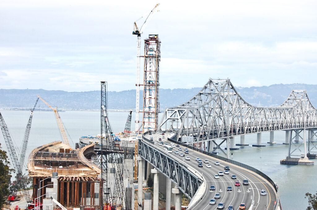 Construction of the new east span of the Bay Bridge connecting Oakland and San Francisco, CA.