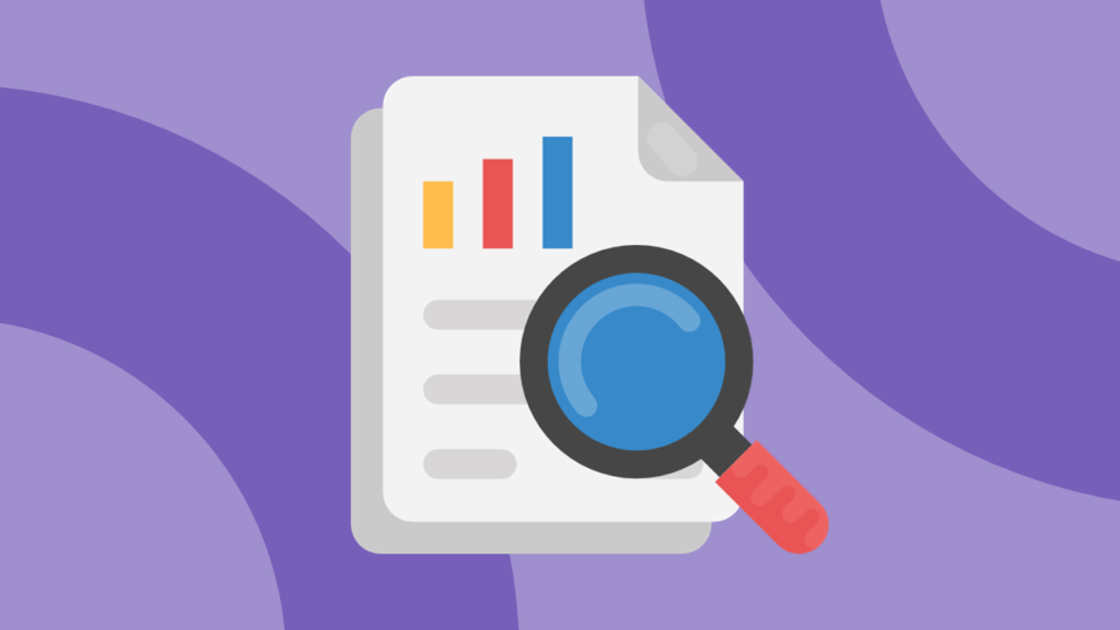 Vector graphic of magnifying glass over a report with charts.