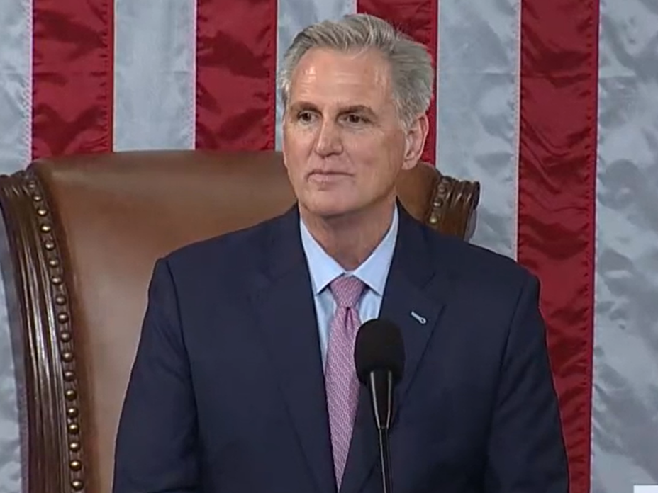 Rep. Kevin McCarthy (R-CA) delivering victory speech immediately following his election as Speaker of the U.S. House of Representatives on January 6, 2023. Source: CSPAN