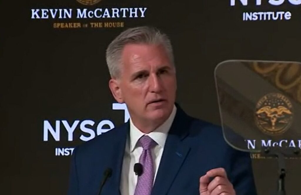 Speaker of the U.S. House of Representatives, Kevin McCarthy, speaks on April 17, 2023 to the New York Stock Exchange about the status of the federal debt ceiling.