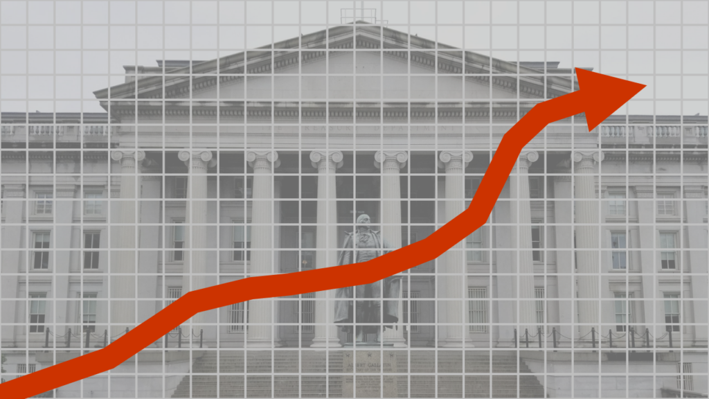 Market graphic imposed on US Treasury Building in Washington, D.C.