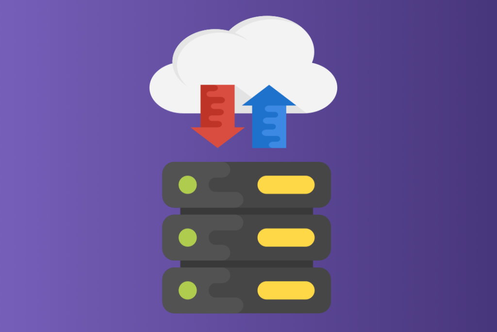 Graphic on representing cloud computing featuring an illustrated server rack below a cloud with upload / download arrows.