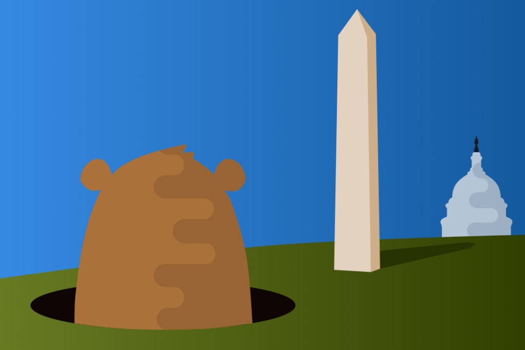 Illustration of a groundhog peering over the National Mall in Washington DC.
