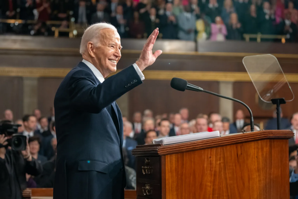 President Joe Biden (D) waves at the attendees during his State of the Union Address on March 7, 2024.