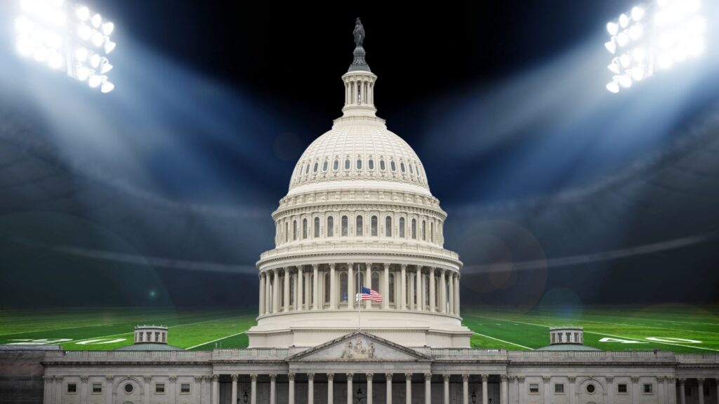 U.S. Capitol Building under stadium lighting.