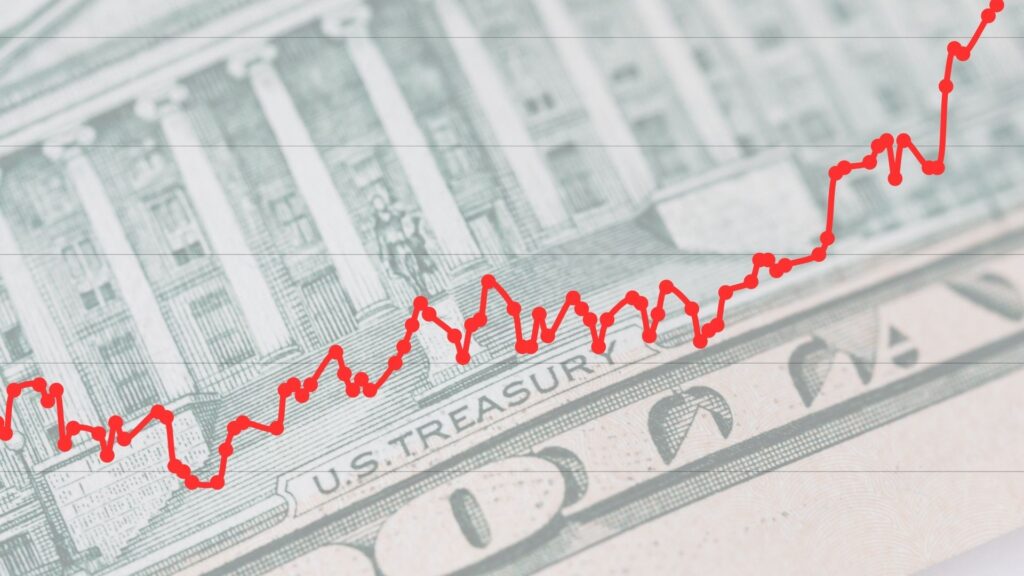 Red trend line illustrating 10-year Treasury bond yield from July to September 2026 superimposed of U.S. currency.